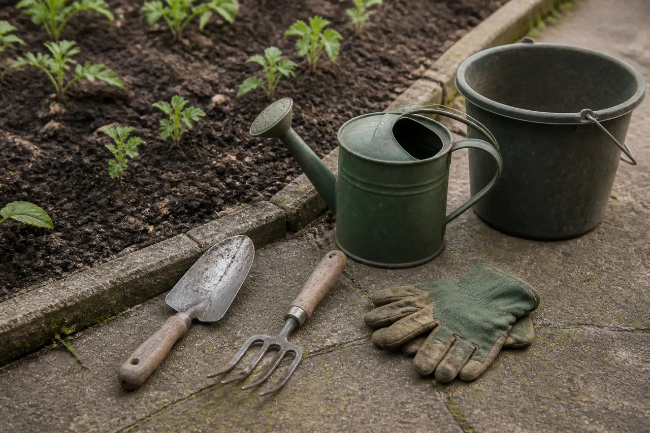 A hand trowel, small fork, watering can, gloves and bucket beside a vegetable bed