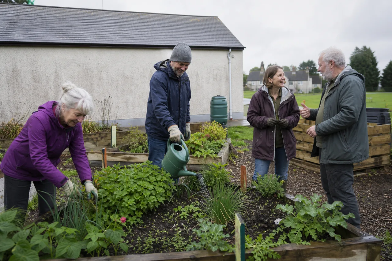 Neighbours working together around raised beds in a community garden